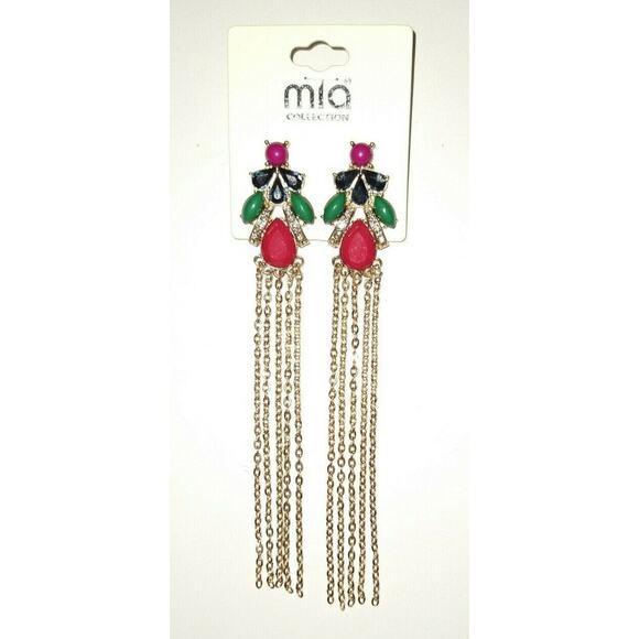 Mia Collection Long Gold Tone Chain Green Red Blue Faux Gemstone Earrings, 5" - Picture 6 of 6